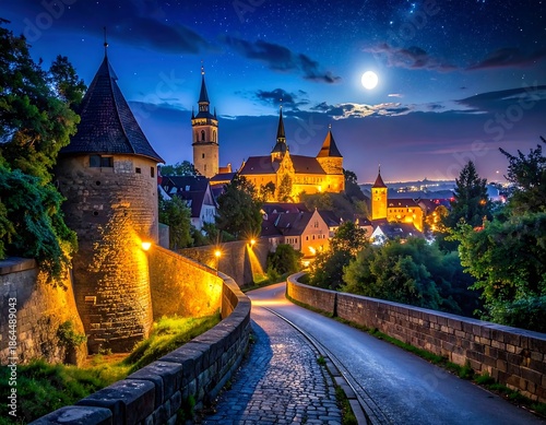 Illuminated European town with road leading to historic buildings under a night sky