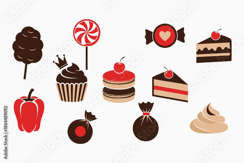 Collection of various sweet treats and desserts on white background