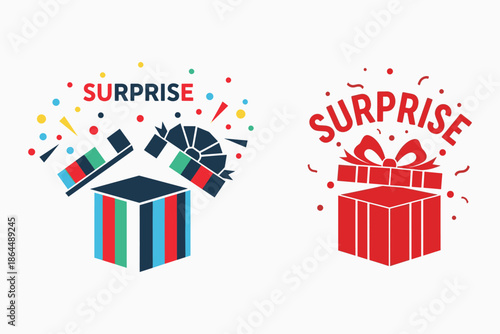 Colorful gift boxes with surprise text and confetti on white background