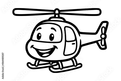 A cheerful cartoon helicopter with simple rotor blades and a smiling face. Kids coloring book with simple line art to support creativity, motor skills, and early childhood learning.