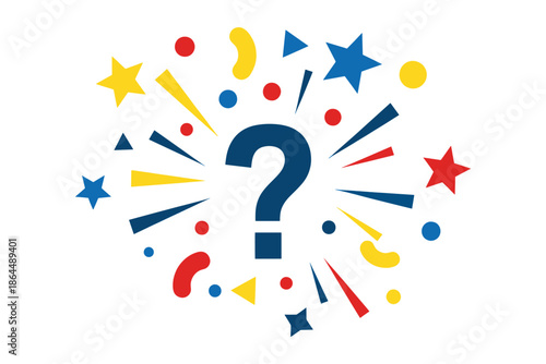 Colorful question mark surrounded by various shapes and symbols on white background