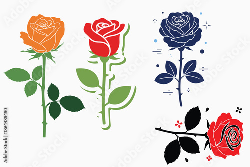 colorful rose flowers with green leaves and stems in various styles and colors