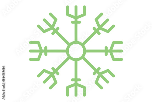 Green snowflake symbol with eight symmetrical prongs and central circle