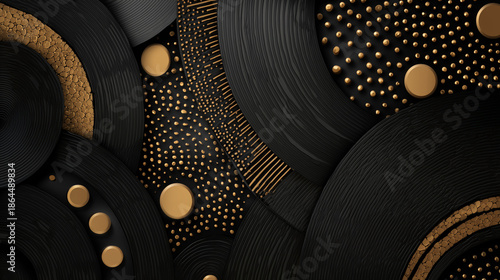 Elegant Black And Gold Abstract Pattern Of Metallic Textures With Circles And Dots