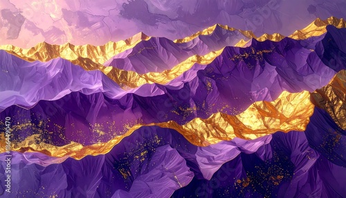 Stylized landscape of purple mountain ranges with gold accents