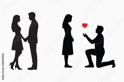 Silhouette of romantic couple holding hands and man proposing with heart