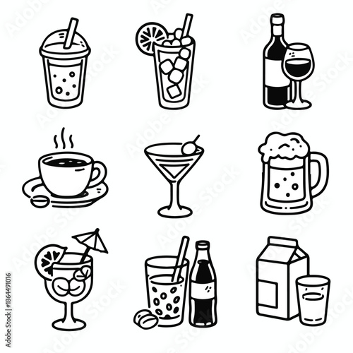 A diverse set of line icons representing various beverages and drinks in a modern icon set