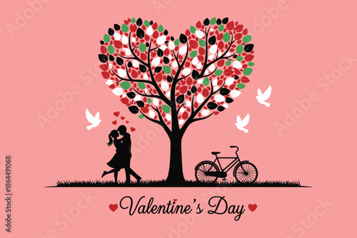 Valentines Day couple kissing under heart shaped tree with bicycle and doves flying
