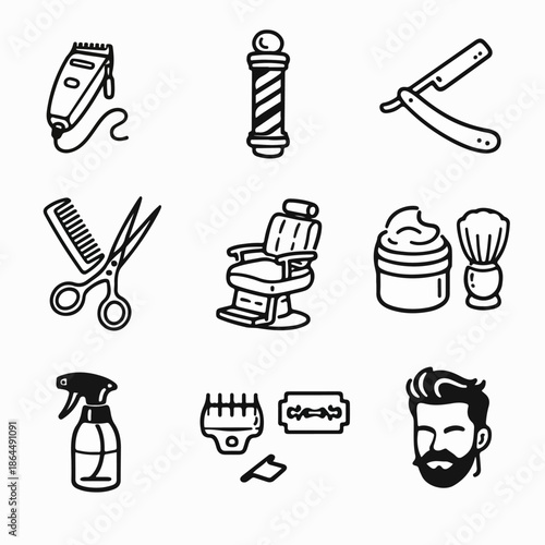 A set of icons representing barber tools and services