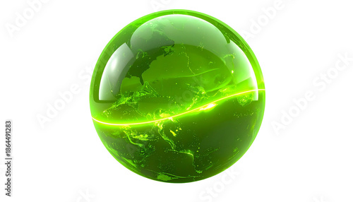 A vibrant, glowing green sphere, resembling Earth, floats against a stark black backdrop. A bright, encircling line accentuates the shape