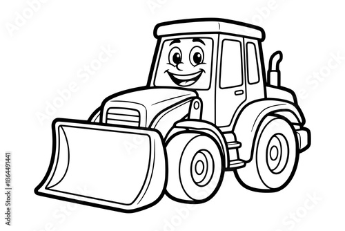 A friendly cartoon bulldozer with a big smile and rounded blade. Kids coloring book with simple line art to support creativity, motor skills, and early childhood learning.