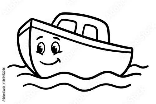 A simple cartoon boat with a happy face floating on calm water lines. Kids coloring book with simple line art to support creativity, motor skills, and early childhood learning.