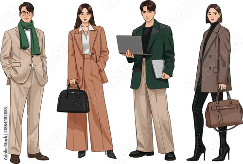 Business fashion illustration, professional attire, stylish clothing, corporate outfits, modern office wear, workplace diversity, chic design, fashionable staff