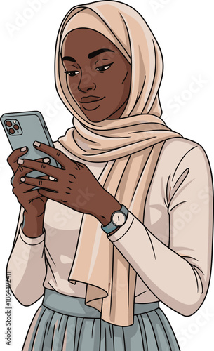Hijab woman illustration, smartphone user, digital lifestyle, cultural attire, modern technology, communication artwork, casual clothing, connected society