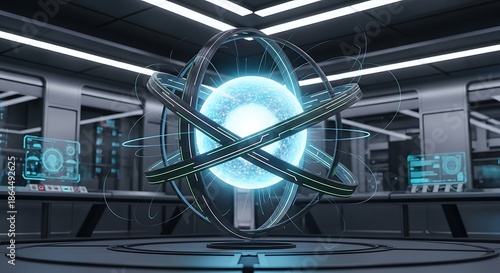 Futuristic Core Energy Device in Advanced Lab with UI Displays