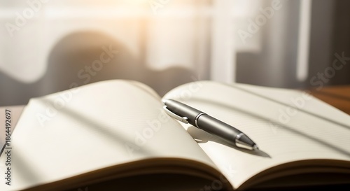 Open Notebook with Pen on Pages in Warm Sunlight and Shadows - Study C