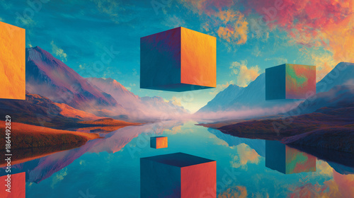 Surreal Dreamlike Landscape With Giant Floating Cubes Over Mountain Lake At Sunset