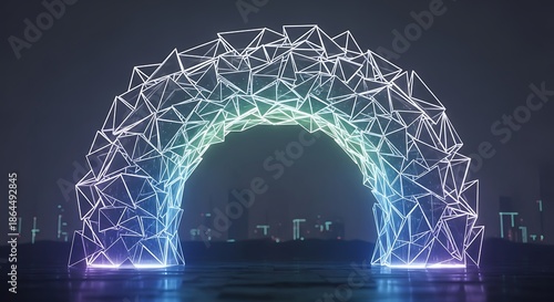 Abstract Neon Polygonal Archway Gate in Futuristic Night City