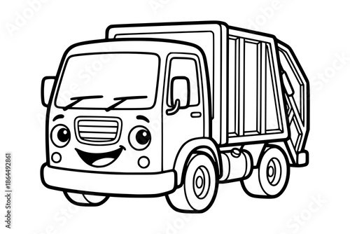 A cute cartoon garbage truck with a friendly face and boxy shape. Kids coloring book with simple line art to support creativity, motor skills, and early childhood learning.