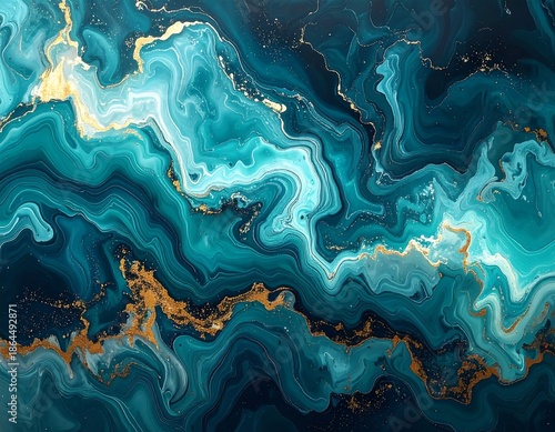Swirling teal and navy abstract background with golden veins