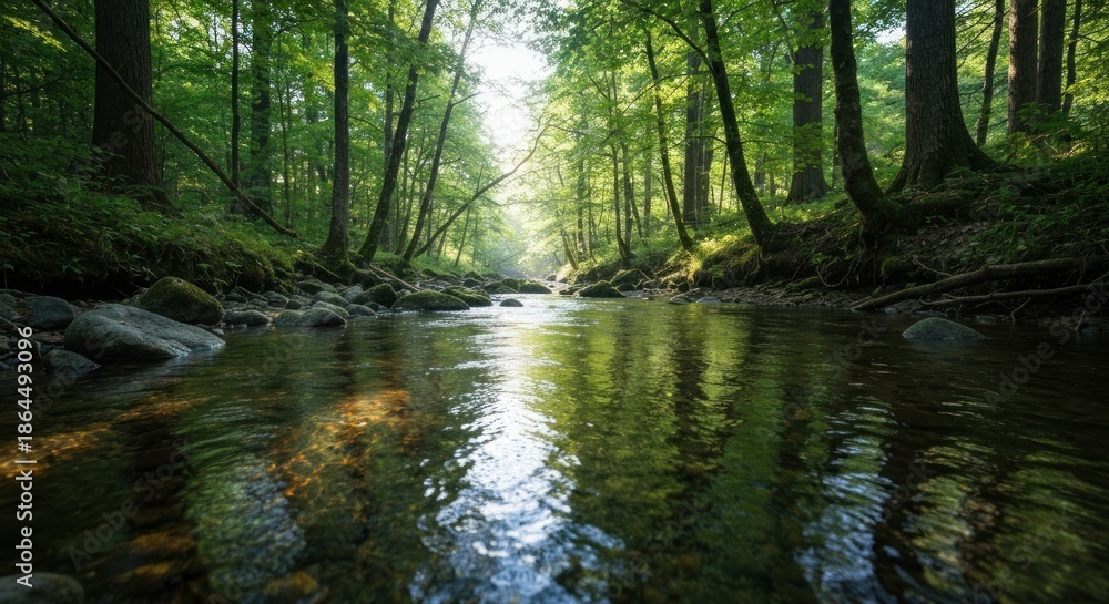 Fototapeta premium Sunlit stream meanders through lush green forest. Reflections shimmer
