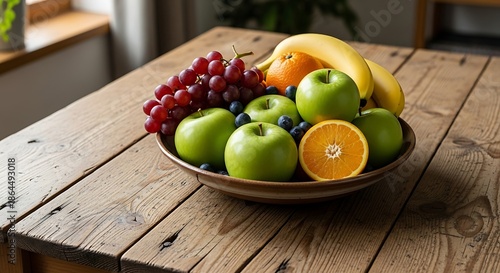 Fresh Fruit Bowl on Rustic Wooden Table with Apples, Grapes, Oranges, 