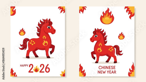 A set of greeting card icons featuring a Fire Horse mascot and Angpao for Chinese New Year 2026 with flames and festive designs.