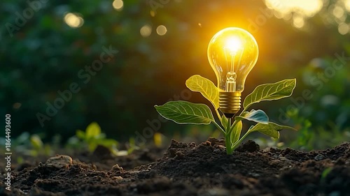 Lightbulb Growing from Plant Symbolizing New Ideas and Innovation.
