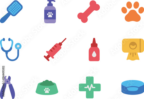 Veterinary Pet Care and Animal Health Services Icons with Stethoscope Syringe Shampoo Dog Bone Grooming Brush and Paw for Vet Clinics