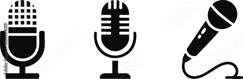 Set of Three Microphone Icons, Black Silhouettes of Studio and Handheld Microphones, Minimalist Audio Recording Equipment Graphics, Communication and Live Performance Icons, silhouette, illustration.