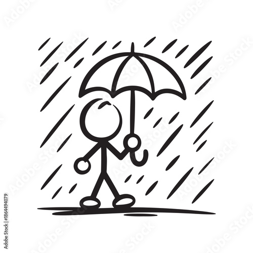 Stick Figure Character Holding an Umbrella for Protection and Weather Concept Vector Illustration