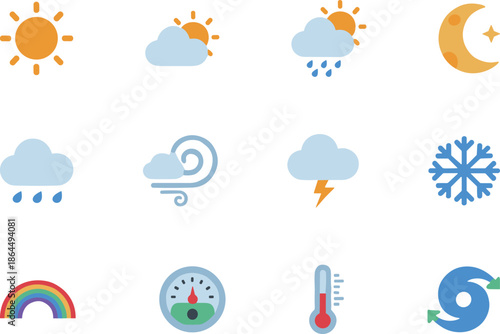 Weather Forecast and Meteorological Condition Icon Set with Sun Clouds Rain Snow Wind Lightning Rainbow and Temperature Tools