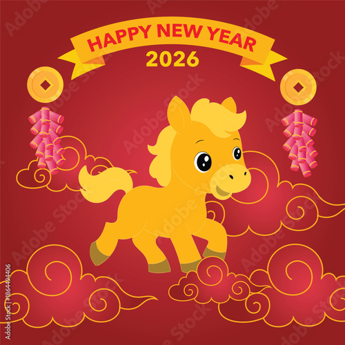 Year of the horse postcard and wealthy new year icon
