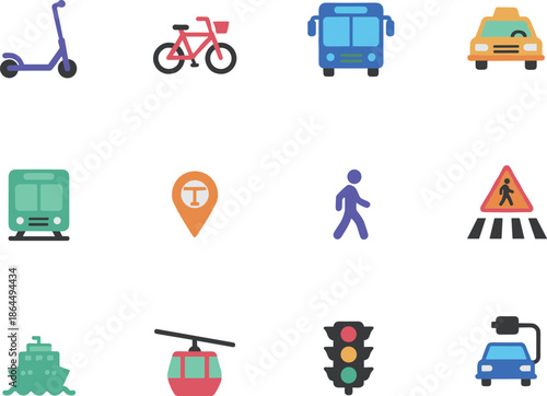 Transportation and Urban Mobility Flat Vector Icon Set Including Bus Train Scooter Taxi Bicycle Ship and Traffic Light Signage
