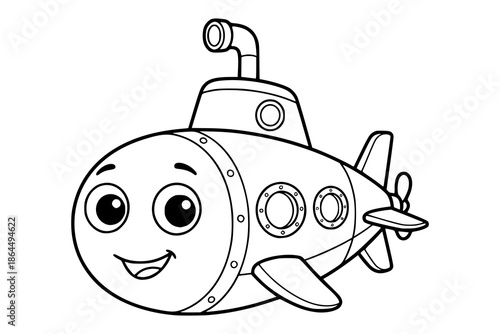 A friendly cartoon submarine with big eyes and simple details. Kids coloring book with simple line art to support creativity, motor skills, and early childhood learning.
