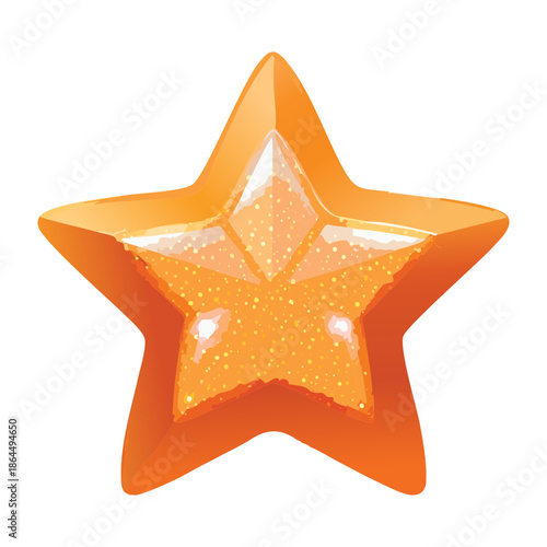 thick orange star button with glitter effect for mobile game interface ranking system and premium status achievement reward icon