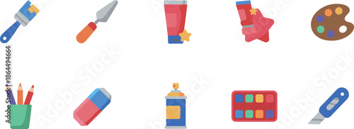 Artistic Painting and Drawing Supplies Flat Icon Set Including Paint Brush Palette Watercolor Spray Can Eraser and Art Tools