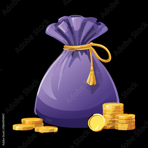 large purple money bag with treasure coins for jackpot prize and casino gambling game reward icon