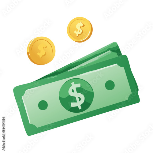 green cash bill with floating gold coins for financial growth and online earning app icon design