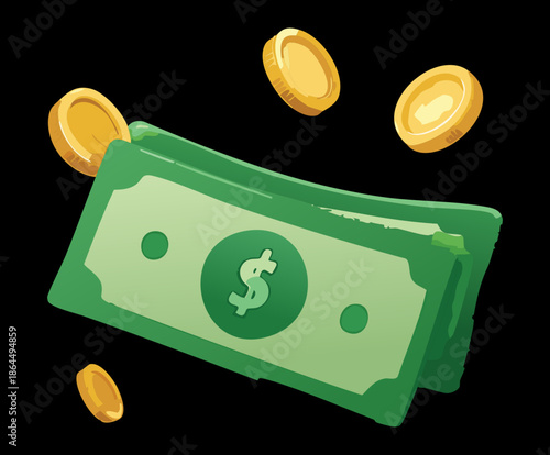 flying green dollar bill with gold coins for monetary inflation and fast money spending game concept