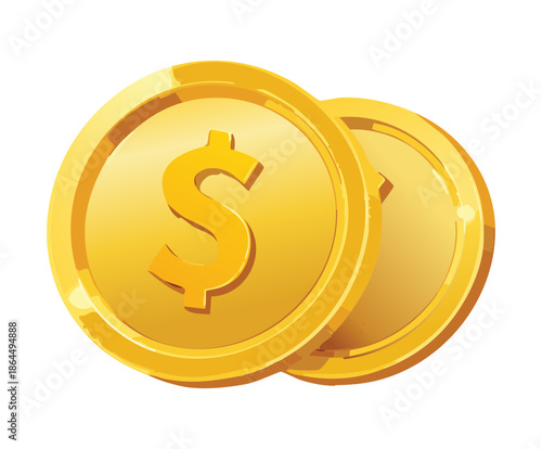 two golden coins with dollar sign for financial investment and wealth profit concept in business mobile app