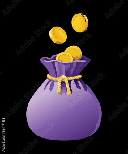 purple money bag with falling golden coins for jackpot win and gambling casino game reward asset