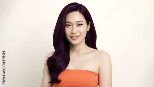 Wallpaper Mural A beautiful young Asian woman with long, wavy dark purple hair smiling confidently at the camera, wearing an orange strapless top. Torontodigital.ca