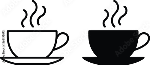 Steaming coffee cups on saucers, a simple illustration of a hot beverage