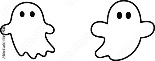 Simple black and white illustration of two cartoon ghosts with smiling faces floating on a plain white background