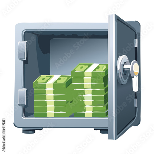 open metal safe with cash money for banking security and treasury wealth concept in tycoon game asset