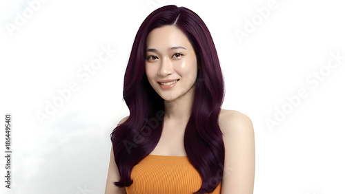 Wallpaper Mural Young woman with long wavy dark purple hair smiling against a white background. Torontodigital.ca
