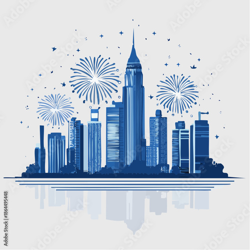 New York City skyline with fireworks on white background