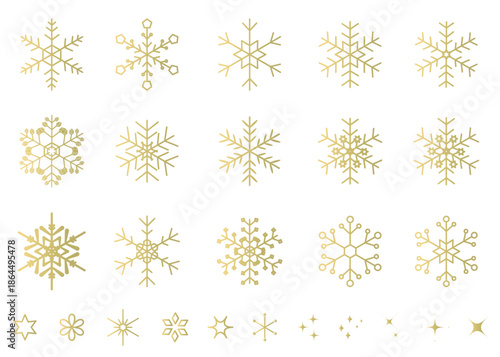 ゴールドの雪の結晶のイラストセット　ベクター背景素材　キラキラ素材