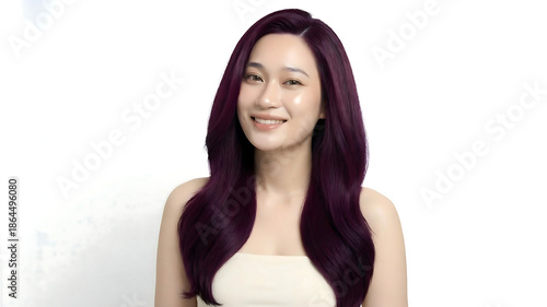 Wallpaper Mural A beautiful young Asian woman with long, wavy dark purple hair smiles confidently at the camera against a clean white background. Torontodigital.ca